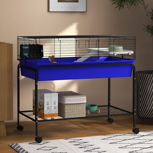 PawHut Two-Story Small Animal Cage Removable from Stand, Guinea Pig Cage with Shelf & Wheels, Pet Habitat for Hedgehog, Chinchilla, Ferret, 39" x 20.5" x 36.5", Blue