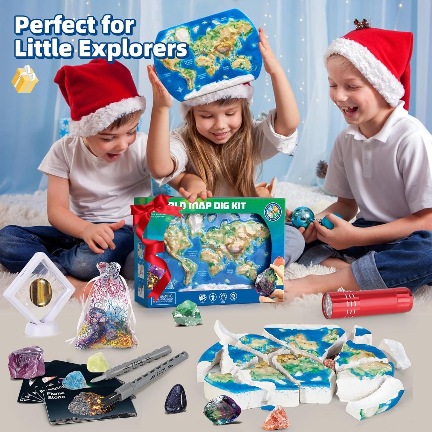 World Map Dig Kit - Gem Rocks Excavation Kit, Gemstone for Kids, Fossil Rock Toys Dig Kits for Collection, World Map Toys for Boys Girls 6 and up Year Old Birthday Gifts