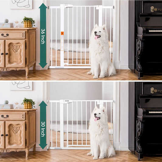 BABELIO 36" Extra Tall Dog Gate, 26-40" Wide Auto Close Baby Gate, Pressure Mounted Metal Pet, Easy Install No Drilling, No Tools Required, With Wall Protectors and Extension Kits, White