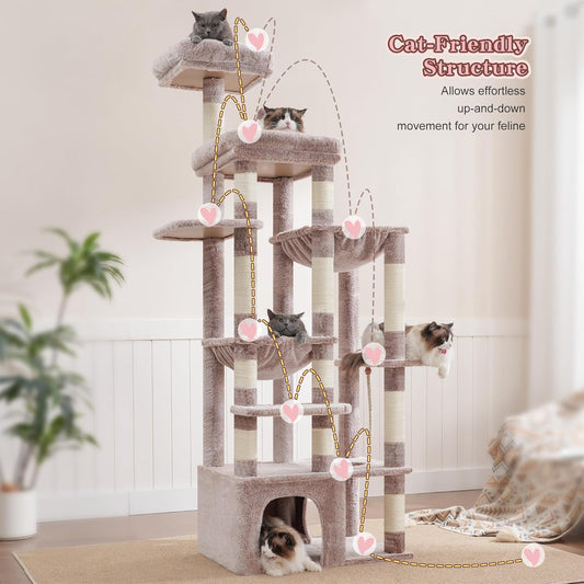Heybly Heavy Duty Cat Tree, 71-Inch Tall Tower for Large Maine Coon with Extra-Large Baseboard, Cat Condo Furniture with Multi-Level Platforms, 2 Hammocks and 12 Scratching Posts, Muchroom HCT037MU