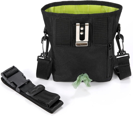 Dog Treat Pouch with Collapsible Dog Bowl, Training Clicker and Poop Bags, Treat Pouches for Pet Training, Built-in Poop Bag Dispenser, Waist Belt Clip, Puppy Treat Pouch Magnetic Closure - Black