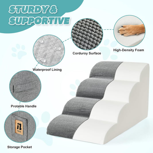 IFNOW Dog Stairs for Small Medium Dogs and Cats 19.7" H, 5-Step Studry Dog Steps for Bed, Couch, High Density Foam Pet Stairs for Dogs to Get on Bed, Non-Slip Balanced Curved Indoor Pet Ramp, Grey