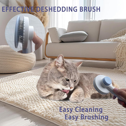 Cat Grooming Brush Kit 6 Tools - Deshedding & Dematting for Long/Short Hair, Self-Cleaning Slicker Brush with 6-in-1 Flea Comb for Cats & Kittens (Blue)