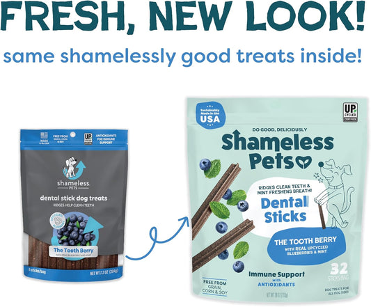 Shameless Pets Toothberry Dental Chews for Dogs β Natural Dog Dental Sticks for Fresh Breath, Teeth Cleaning & Removes Tartar, Grain-Free Dog Treats, No Corn or Soy, 32 Sticks