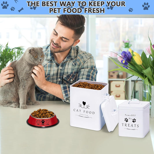 Meraki Home Farmhouse Cat Food and Treats Containers + Feed Scoop + Pet Food Bowl - Tight Lids - Large Metal Storage Bin - Great Gift for Cute Pets (Glossy White)
