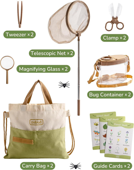 ROBUD Dual Kids Explorer Kit, Bug Catcher Kit with Bags Kit, Green Outdoor Exploration Set for Camping, Montessroi Toy for Kids Coming Closer to Nature,WRP29