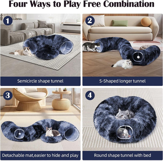 Odoland Cat Tunnels for Indoor Cats with Fluffy Plush Central Cat Couch and 20 Cat Toys, Tunnel Bed for Cats with Hanging Ball, Detachable Soft Mat and Variety Kitty Toy Set, Deep Blue