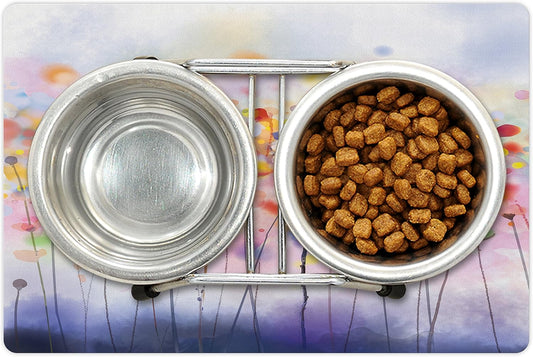 Lunarable Watercolor Flower Pet Mat for Food and Water, Flowers in Soft Colors Dreamy Abstract Colorful Blurred Display, Non-Slip Rubber Mat for Dogs and Cats, 18" X 12", Orange Purple