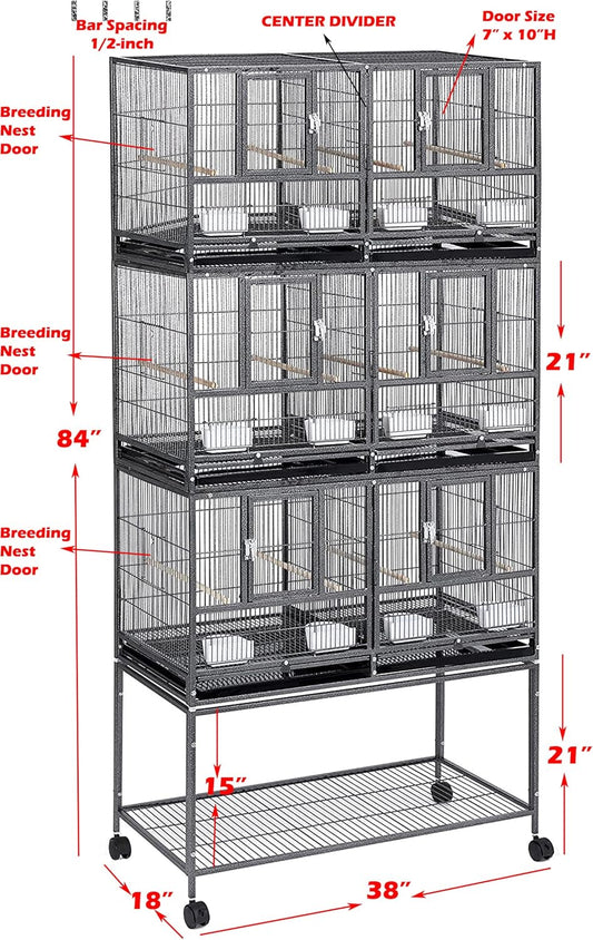 1/2/3-Combo Stacker Center Divided Breeder Breeding Bird Flight Double Rolling Cage for Aviaries Canaries Cockatiels Lovebirds Finches Budgies Small Parrots (White Vein, Three Stacker)