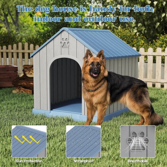Large Dog House Outdoor Indoor for Medium Large Dogs, Durable Plastic Waterproof Doghouse with Air Vents and Elevated Floor, Easy Clean and Assemble (Blue, 36.2''LΓ38''WΓ38''H)
