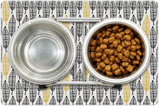 Lunarable Aztec Pet Mat for Food and Water, Modern Graphic of Ornate Hand Drawn Style Old Feather Form with Aztec Lines Print, Non-Slip Rubber Mat for Dogs and Cats, 18" X 12", Charcoal Yellow