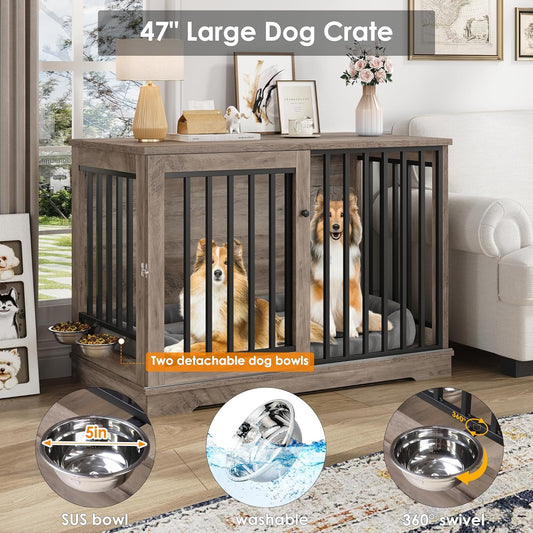 Dog Crate Furniture 47β Large Dog Kennel for Dogs Indoor, Heavy Duty Dog Cage with Sliding Door and 2 SUS Bowls Wooden End Table in Living Room for Small Medium Large Dogs, Rustic