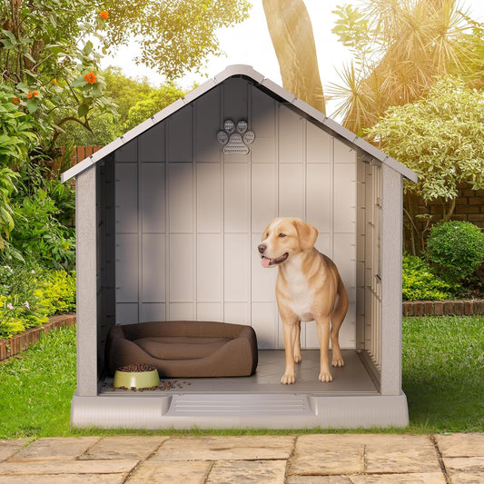 Large Dog House Outdoor Indoor for Medium Large Dogs, Durable Plastic Waterproof Doghouse with Air Vents and Elevated Floor, Easy Clean and Assemble (Grey, 37.2" L x 40" W x 40" H)
