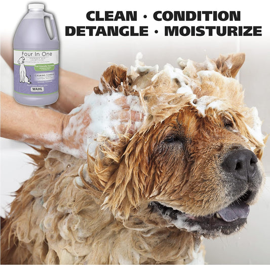 Wahl USA 4-in-1 Calming Pet Shampoo for Dogs with a Lavender Chamomile Scent – Cleans, Conditions, Detangles, & Moisturizes - Pet Friendly Formula – 64 Oz - Model 821000-050