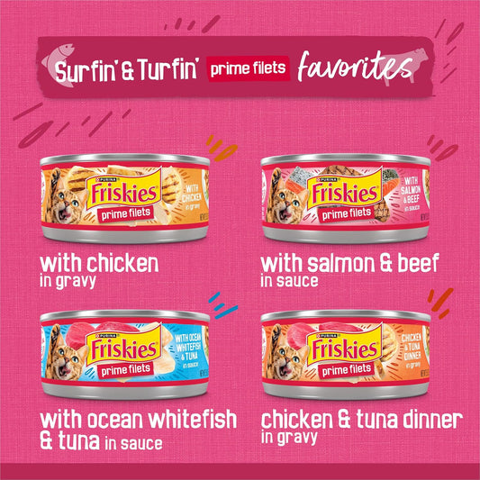 Purina Friskies Gravy Wet Cat Food Variety Pack, Surfin’ and Turfin’ Prime Filets Favorites - 48 ct. Can