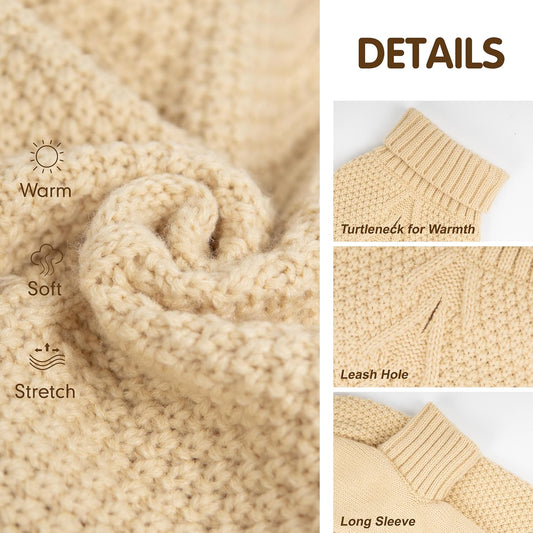 cyeollo Dog Sweater Turtleneck Knitted Sweaters with Leash Hole Winter Dog Clothes Sweaters for Small Dogs, Beige XL