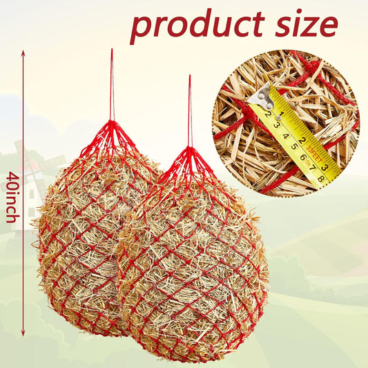 Fabbay 4 Pcs Slow Feed Hay Net Feeder Hay Bag for Horses Slow Feeder 40 Inch Length with 2 Inch Holes Hanging Horse Feed Net for Goat Cattle Equine Stalls Barn Supplies(Red)
