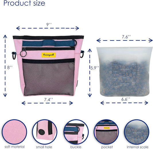 Dog Treat Pouch with Magnetic Closure 4-Cup Silicone Bag Fanny Pack Holder with Clicker 4 Ways to Wear Front Pocket Fits All Phones Ideal for Leash, Pet Walking and Training(Pink)