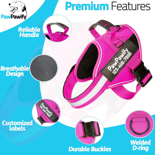 PawPawify Custom No Pull Dog Harness with Name and Phone Number, Heavy Duty Personalized Pet Vest to Prevent Tugging, Pulling, or Choking, Training and Walking (New Pink, XS (5-9LBS))