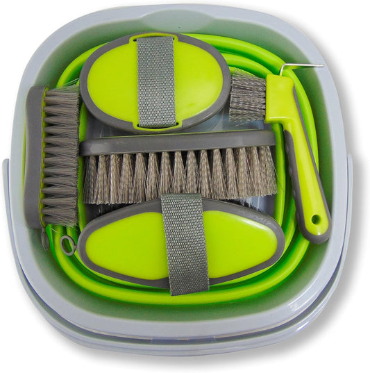 Collapsible Grooming Kit 10 Liter Bucket and 5 Grooming Tools - By Southwestern Equine (Lime Green)