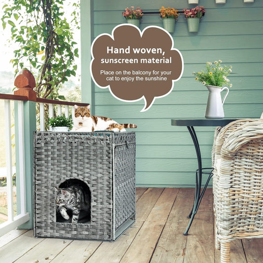 Cat Litter Box Enclosure with Soft Litter Mat; Hidden Kitten Washroom Furniture with Door; Handwoven Rattan Cat House with Large Space; Pet Crate for Living Room, Bedroom, Balcony (Grey)