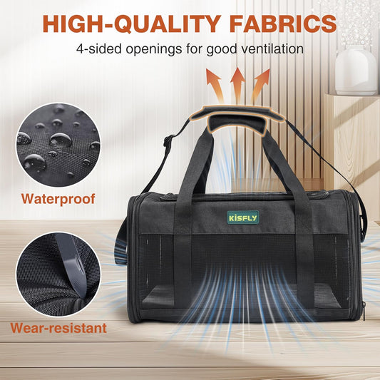Airline Approved Cat and Small Dog Carrier – Soft-Sided, Foldable Under-Seat Travel Bag for Pets up to 12 lbs (17"x11"x9.5"), Top-Loading, Scratch-Resistant Mesh, Black