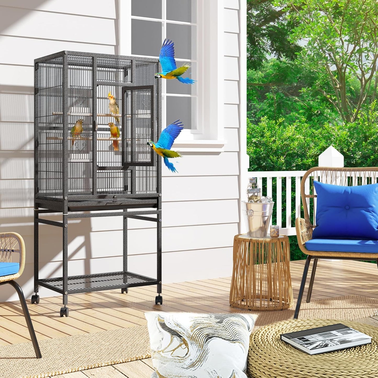 YITAHOME 53.9 inches Metal Bird Cage for Parakeets: Large Parrot Cages with Seed Catcher & Birdcage Cover with Rolling Stand & Brakes for Lovebirds Cockatiels Pigeon Finches, Black