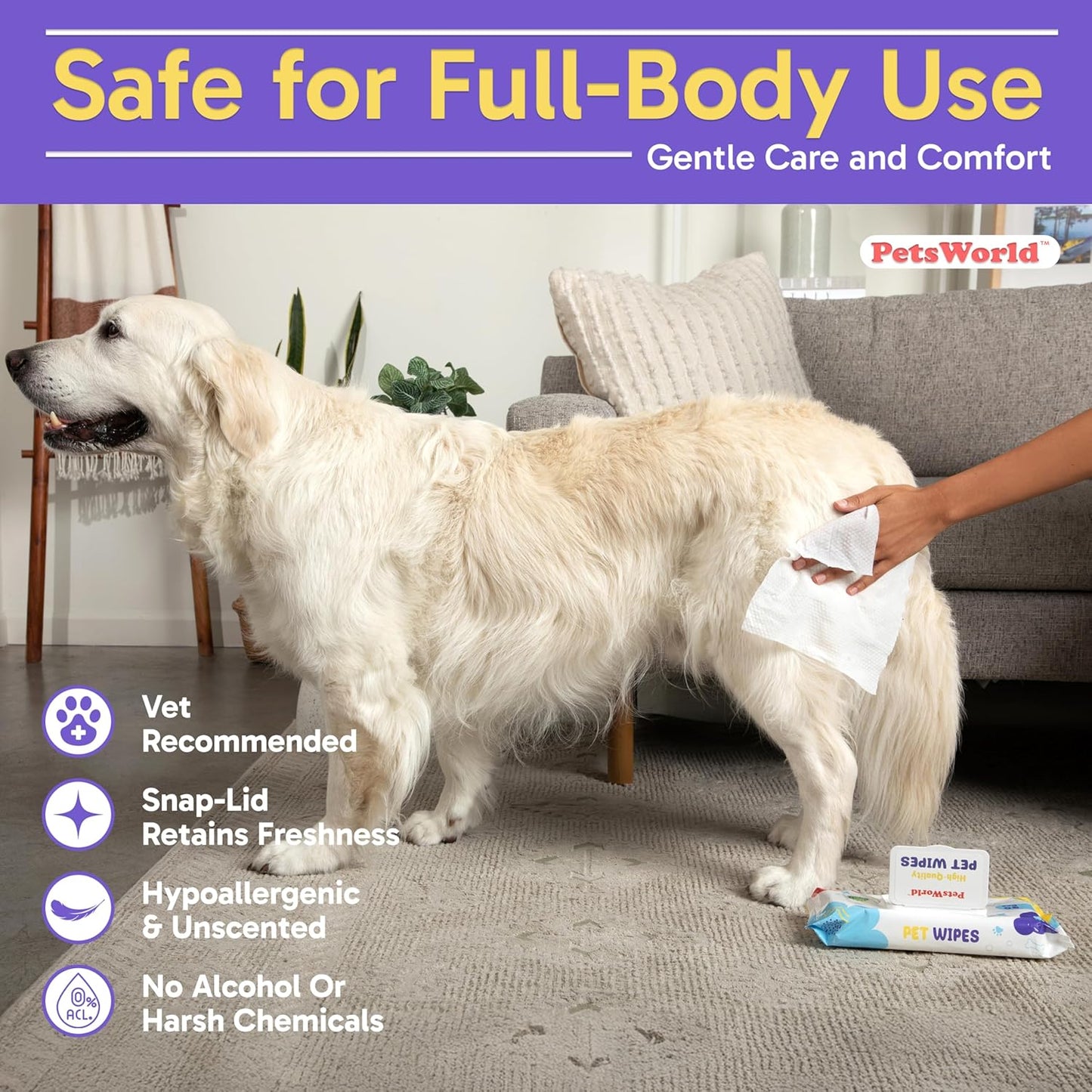 PETSWORLD Pet Wipes for Dogs & Cats, Unscented, Hypoallergenic, Chemical-Free, Biodegradable (98%), Thick & Durable, Textured Grooming Wipes (Unscented, 1200 Count)