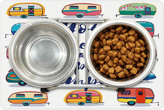 Lunarable Camper Pet Mat for Food and Water, You Make Me Happy Motivational Words Caravans Retro Style Travel Graphic Print, Non-Slip Rubber Mat for Dogs and Cats, 18" X 12", Indigo Yellow