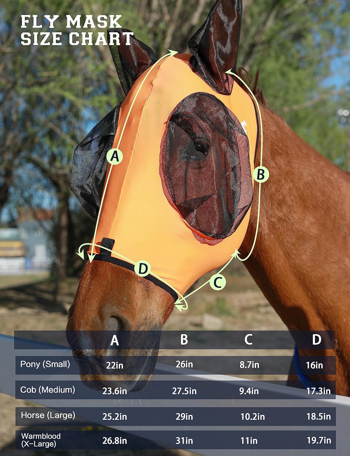 Horse Fly Mask with Ears, UV Protection Mask for Horses, Elasticity Mask with Big Mesh Eye Covers, Snug Fitting Comfortable Lightweight Red Orange Cob