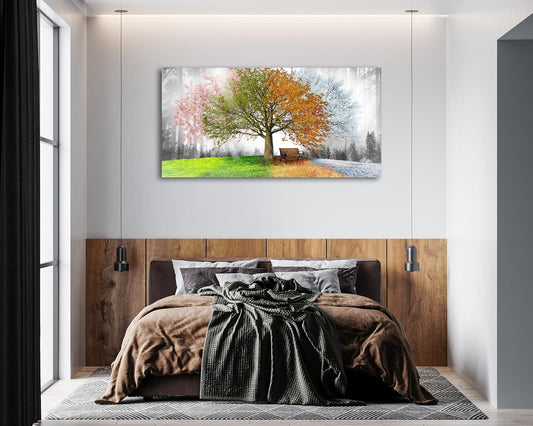 Canvas Prints Wall Art Decor Large Four Seasons Tree Picture 1 Panel Spring Summer Autumn Winter Tree Painting Artwork for Dining Room Kitchen Home Decor Stretched and Framed Ready to Hang