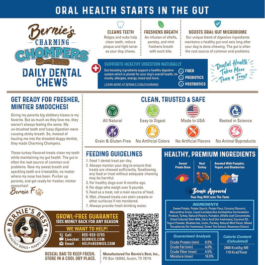 Bernie's Charming Chompers - Daily Dental Chews for Dogs 50-100 Lbs. - 24 Count - Cleans Teeth, Freshens Breath, + Boosts Oral-Gut Microbiome. Easy to Digest, Supports Healthy Digestion Naturally