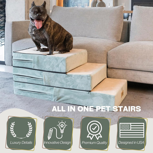 All-in-One Adjustable Dog Stairs β 5-Step Premium Pet Ramp for Small to Large Dogs β Sturdy, Non-Slip & Versatile for Beds, Sofas & More - Soft Cover, Modern Design (Green)