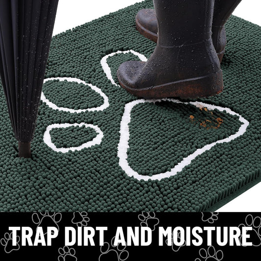 Smiry Dog Door Mat for Muddy Paws, Absorbent Dirt Trapper Non Slip Quick Dry Washable Chenille Mat for Mud Dogs, Entry Rug for Indoor and Outdoor (59x24 Inches, Green)