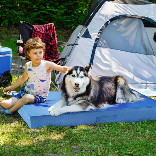 FurHaven Cooling Dog Bed β XXL Foam Mattress for Joint Pain Relief, Waterproof Liner, Removable Washable Cover, Durable for Outdoor Use, Deluxe Grid Indoor/Outdoor Bed β Blue, Jumbo Plus