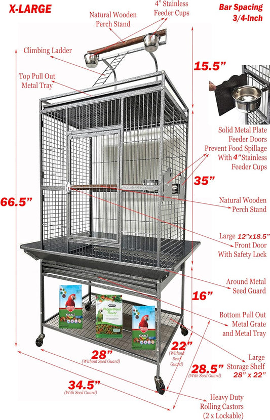 X-Large Elegant and Durable Wrought Iron Play Ground Perch Stand Top Climbing Ladder Bird Parrot Rolling Metal Cage with Around Seed Guard Storage Shelf On Heavy Duty Lockable Rolling Wheels