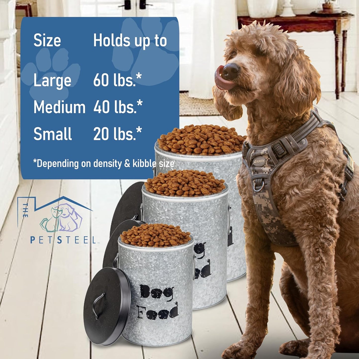 Medium 40lb Dog & 30lb Cat Pet Food Storage Canister with Scoop Combination – Durable & Airtight for Freshnesss, Minimalist Design & Recyclable, Medium Metal Container