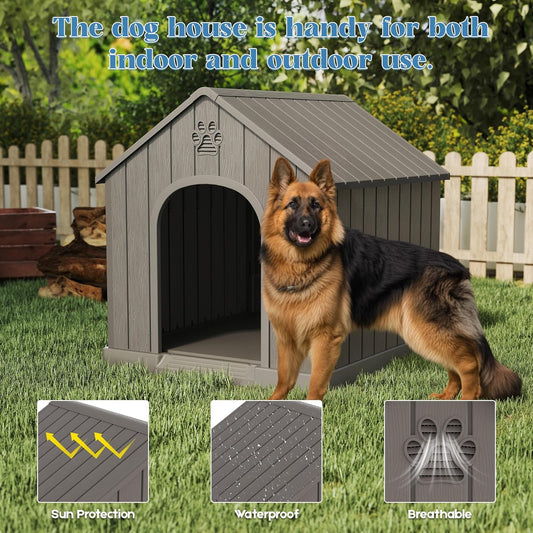 Large Dog House Outdoor Indoor for Medium Large Dogs, Durable Plastic Waterproof Doghouse with Air Vents and Elevated Floor, Easy Clean and Assemble (Grey, 36.2''LΓ38''WΓ38''H)