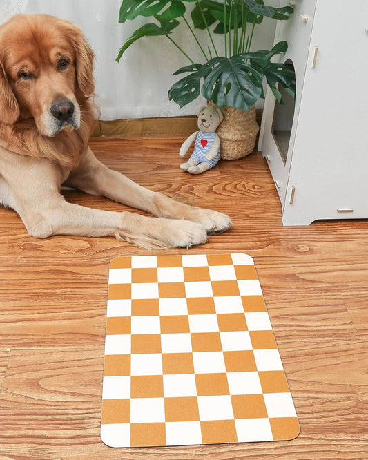 Ralxion Checkered Dog Feeding Mat, Absorbent Mats for Dog Food and Water Bowl, Dispenser, Aesthetic Purple Checkerboard Pet Placemat for Dogs, Cats, Puppy Accessories (Orange, 16 x 24)