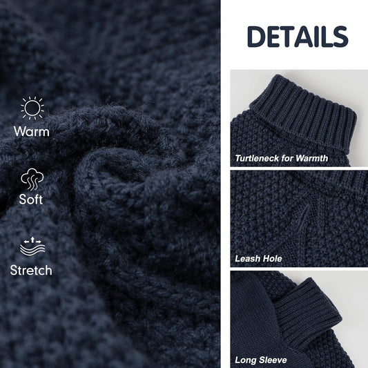 cyeollo Dog Sweaters for Small Dogs Boy, Pullover Turtleneck for Dogs Male, Knitted Doggy Fall Winter Warm Cold Weather Dog Clothes Apparel with Sleeves, Navy L