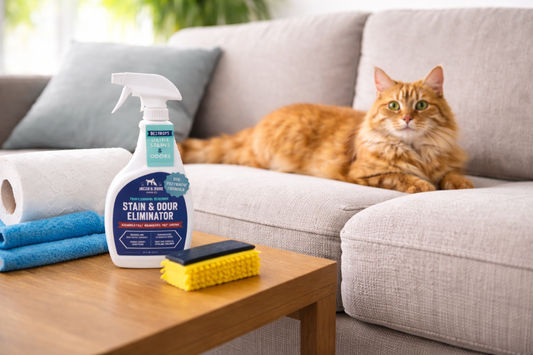Pet sitting on a fabric couch in a small apartment with cleaning supplies prepared for removing urine odor from upholstered furniture