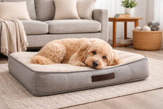 Dog resting on a removable washable bed in a small apartment living room with neutral decor