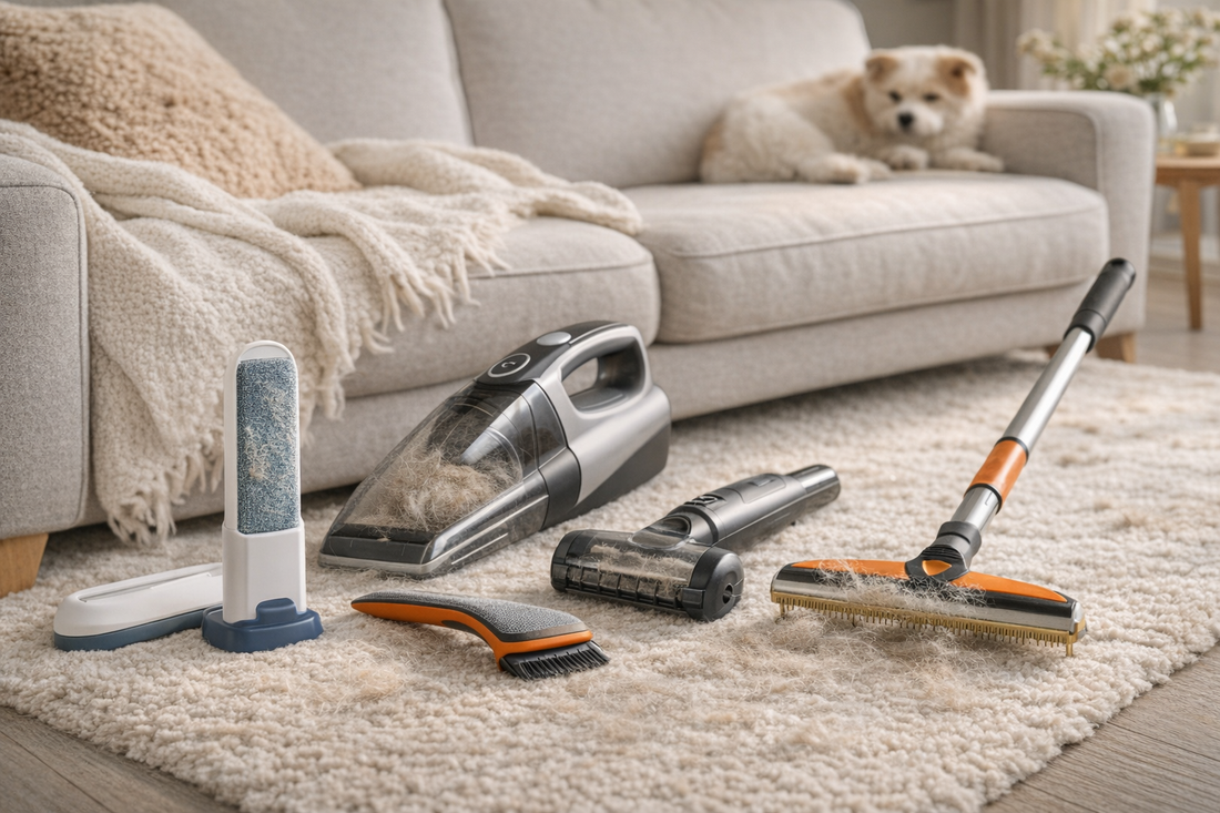 Pet hair removal tools arranged on a carpet in a small apartment living room, including a reusable brush, handheld vacuum, upholstery tool, and carpet rake in front of a beige couch.