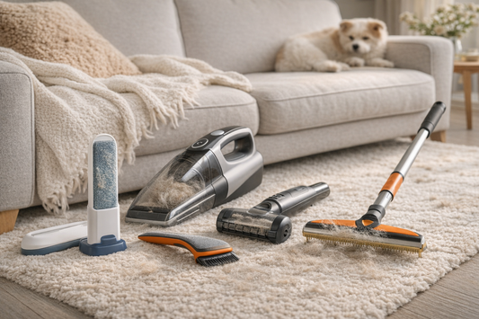 Pet hair removal tools arranged on a carpet in a small apartment living room, including a reusable brush, handheld vacuum, upholstery tool, and carpet rake in front of a beige couch.