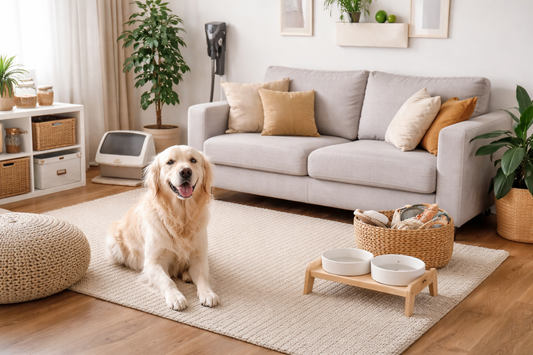 Golden retriever sitting on a light rug in a bright small apartment living room with a sofa, washable cushions, elevated pet bowls, and a discreet litter box setup.