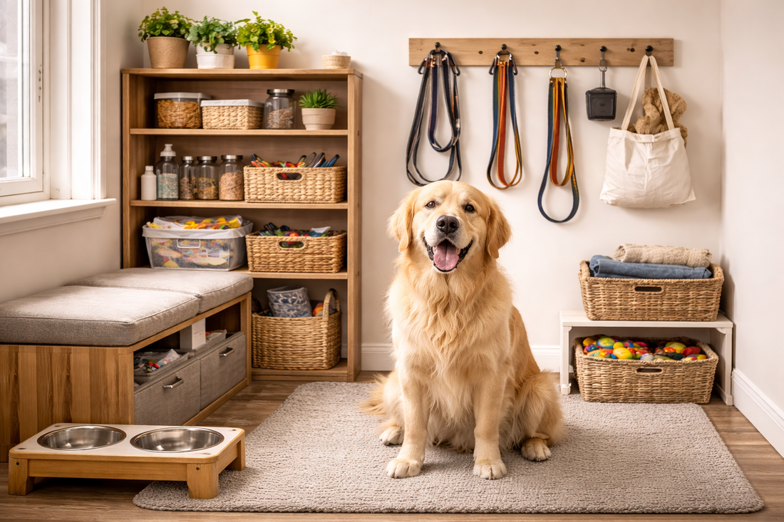 Golden retriever sitting in a neatly organized pet supply corner in a small apartment with shelves, baskets, and pet accessories arranged cleanly