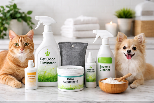 Pet-safe odor eliminator sprays and odor-absorbing products displayed with a cat and dog in a clean small apartment setting