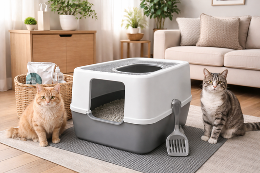 Covered litter box in a modern small apartment living room with two cats sitting nearby, showcasing a space-saving and odor-control litter setup.