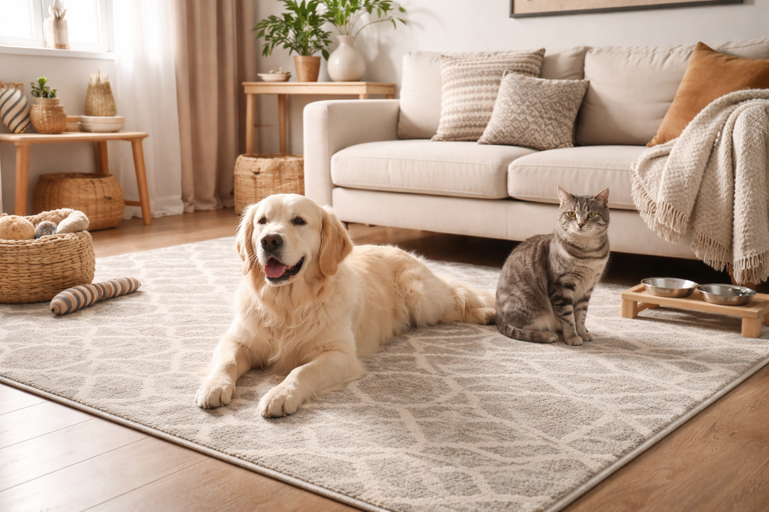 Golden retriever and gray cat resting on a washable pet-friendly rug in a cozy small apartment living room.
