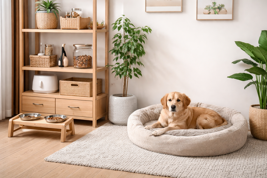 Organized pet corner in a small apartment with a neutral dog bed, wooden feeding station, open shelving for pet supplies, indoor plants, and a calm golden retriever resting on a soft rug.